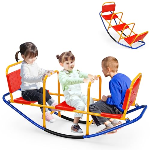 HOMASIS Balançoire à Bascule 3 Places pour Enfants, Bascule de Jardin en Métal pour 3-8 Ans,...