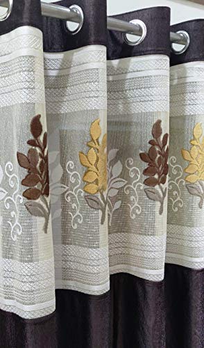 Image of LaVichitra 2 Piece Premium Window Curtain with Floral Net - 5ft, Coffee