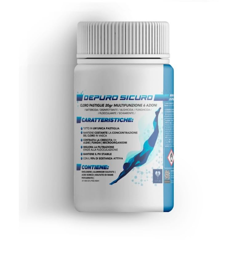 Naturii Cloro Multifunzione, Pastiglie 20 Grammi Cloro Polifunzione Dicloro, Battericida Alghicida, Flocculante, Schiarente, Fungicida per Acqua Piscina Barattolo 1 kg