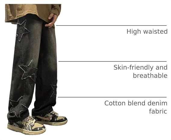 Mens Y2k Star Jeans High Waisted Hip Hop Streetwear Jeans Loose Baggy Embroidery Aesthetic Harajuku Denim Pants