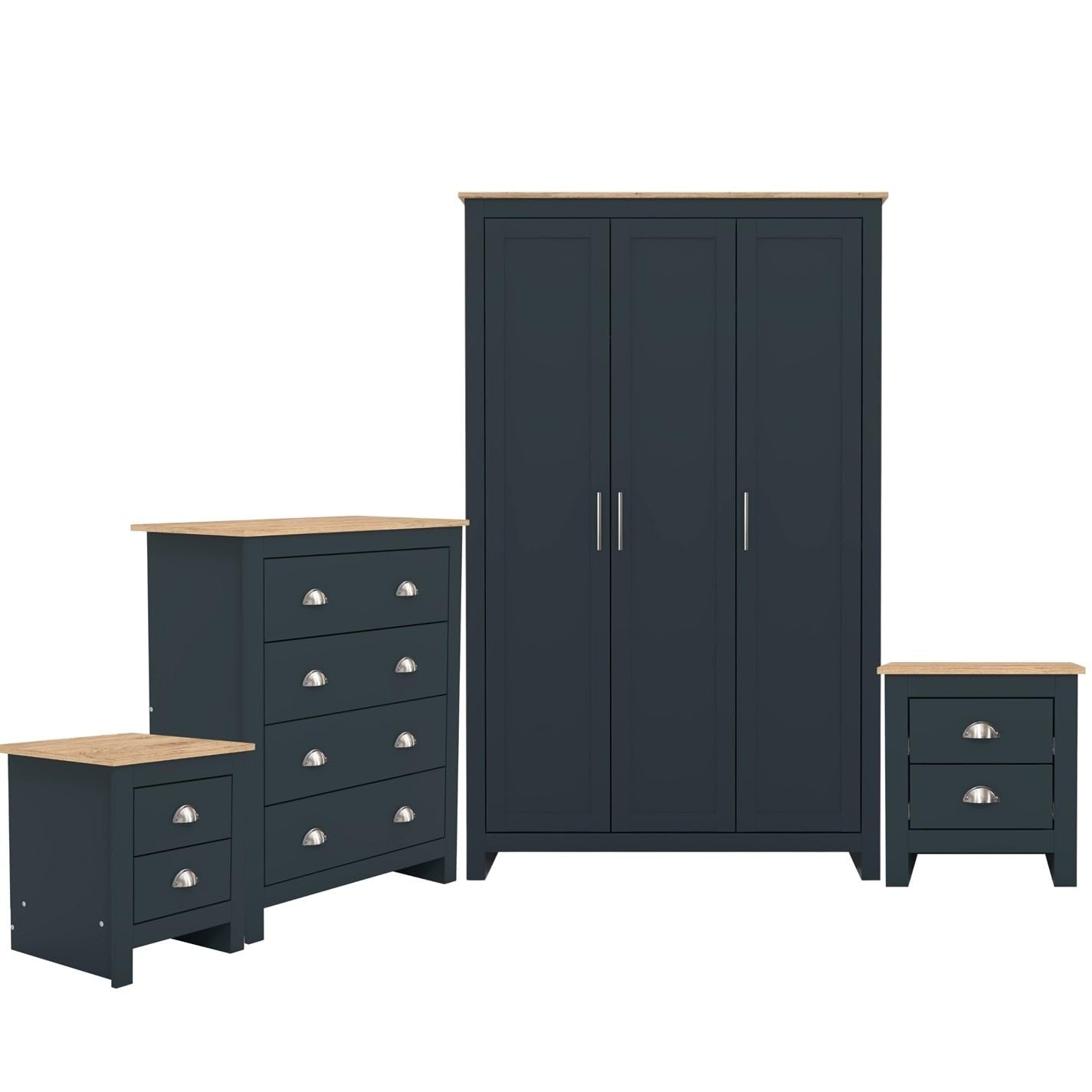GFW Lancaster 4 Piece Bedroom Set Slate Blue Bedside Cabinet Chest Of Drawers Wardrobe