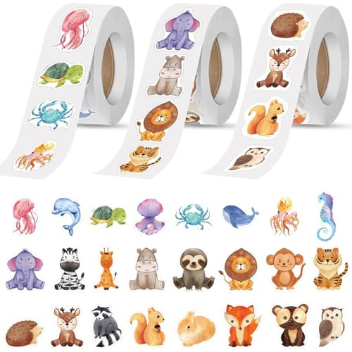 CONJURAIDE 1500 Stück Sticker Tiere Runde Aufkleber Kinder Tiersticker Wasserdicht Selbstklebende Sticker Motivations Aufkleber Tieraufkleber Grundschule Lehrerbedarf für Schule Kinder