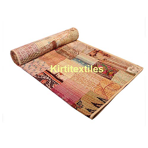 Image of Silk Hand Made Design Kantha Quilt Blanket, Bed Cover, Bedspread (Size 90 inch X 108 inch) - Multicolour