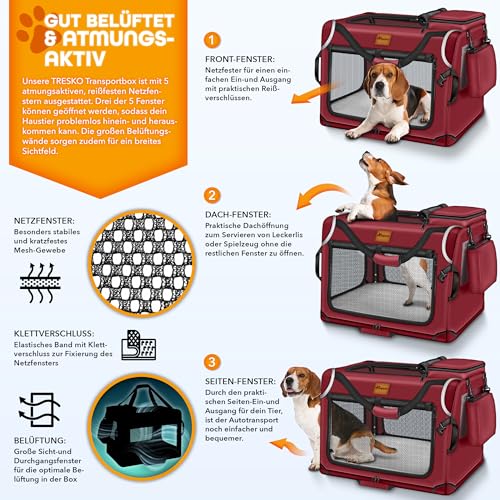 TRESKO® Hundebox faltbar inkl. Leckmatte, Spatel & Reflektoren M 61x42x42cm | Transportbox für Hunde und Katzen | Hundetransportbox Auto für kleine & große Hunde | Hundetasche robust Rot