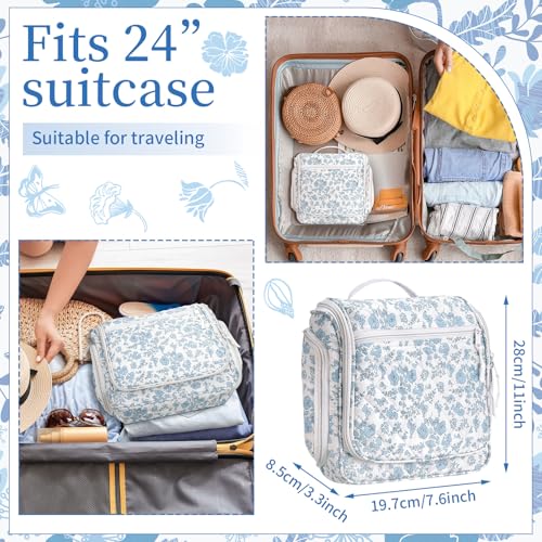 Eccliy Travel Toiletry Bag for Women Blue Floral Makeup Bag with Hook, Quilted Toiletry Organizer with 19 Compartments for Cosmetics Bathroom Shower Travel Accessories Essentials2