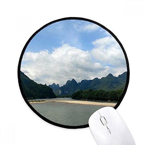 Mousepad redondo de lona con diseño de montañas y borde cosido negro