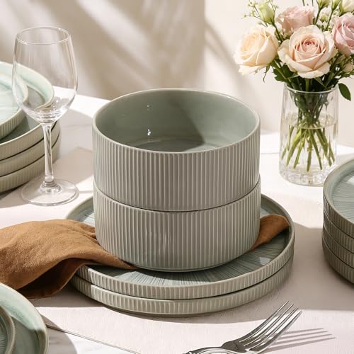 Image of Dinnerware Sets for 4, Ceramic Plates and Bowls Set 12 Piece Dinnerware Chip Resistant Stoneware with Advanced Inkjet Printing Technology, Dishwasher and Microwave Safe-Sage Green