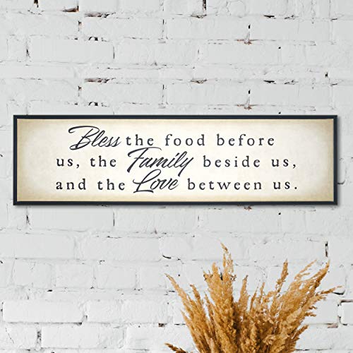 Homekor Bless Family Love Inspirational Quotes Hanging Wall Decor Sign - Bless The Food Before Us, The Family Beside Us, And The Love Between Us - Faith Motivational Sayings Framed Canvas Print 30 x 8
