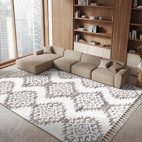 SAFAVIEH Area Rug 8x10 - Moroccan Tassel Shag Collection - Large - Ivory & Brown, Boho Design, Non-Shedding & Easy Cleaning, Plush Pile, Ideal for Living Room, Bedroom, Dining Space (MTS652A)
