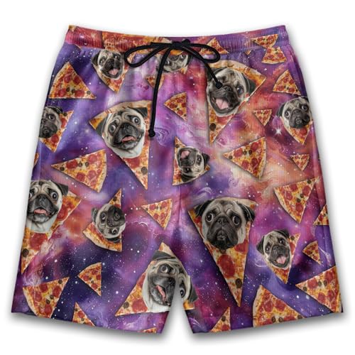Funny Mens Swim Trunks - Pizza Dogs Hawaiian Mens Shorts Casual - Summer Drawstring Beachwear Shorts PA45
