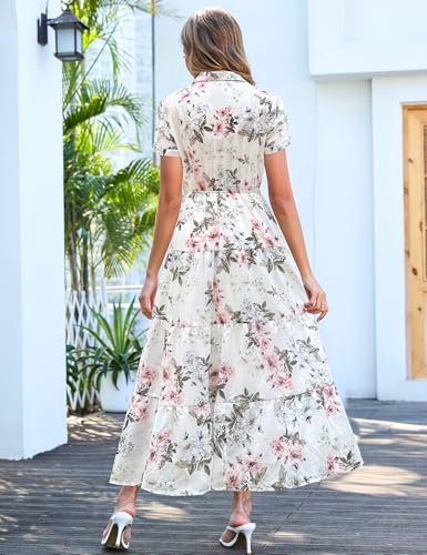 Image of Kranda Women 2026 Summer Collared V Neck Short Sleeve Button Down Chiffon Long Tiered Floral Maxi Dress with Pockets