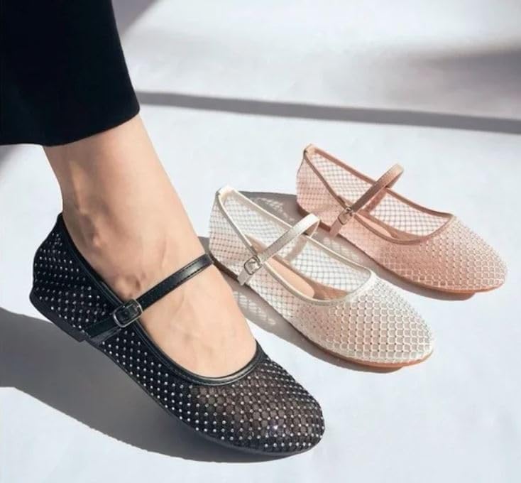 TOP Moda Dress Shoes Women Rhinestone Mesh Ballet Flats Round Toe Sparkly Mary Jane Strap Lightweight Breathable Rosario-14