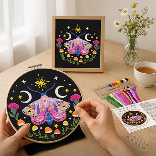 Image of Nuberlic Moth Embroidery Kit for Beginners -Easy Cross Stitch Kits- Complete Embroidery Starter Set with Hoop, Pre-Printed Fabric, Threads & Needles