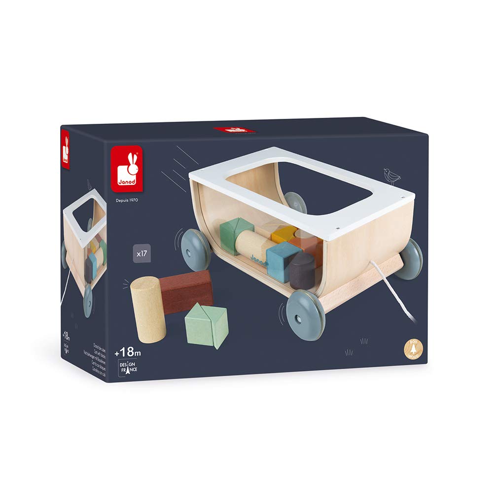 Janod - Carrito de Cubos de Madera - Colección Sweet Cocoon - Juguete de Estímulo para Bebés Pintado al Agua - Juguete de Arrastre - Aprender a Andar - A Partir de 18 Meses, J04407