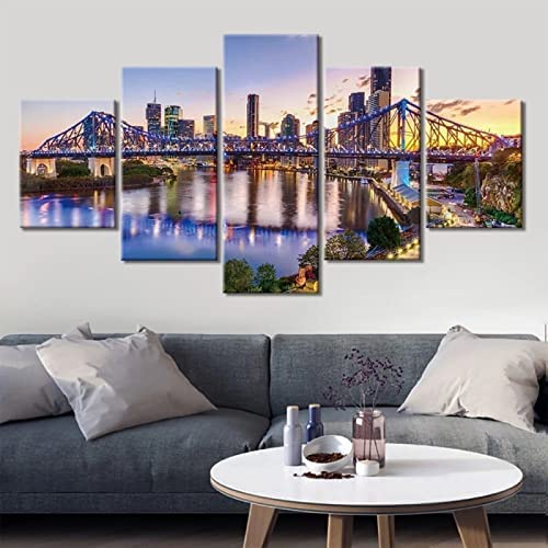 Tableau 5 pièces paysage urbain 100x50 cm avec cadre pour déco moderne salon