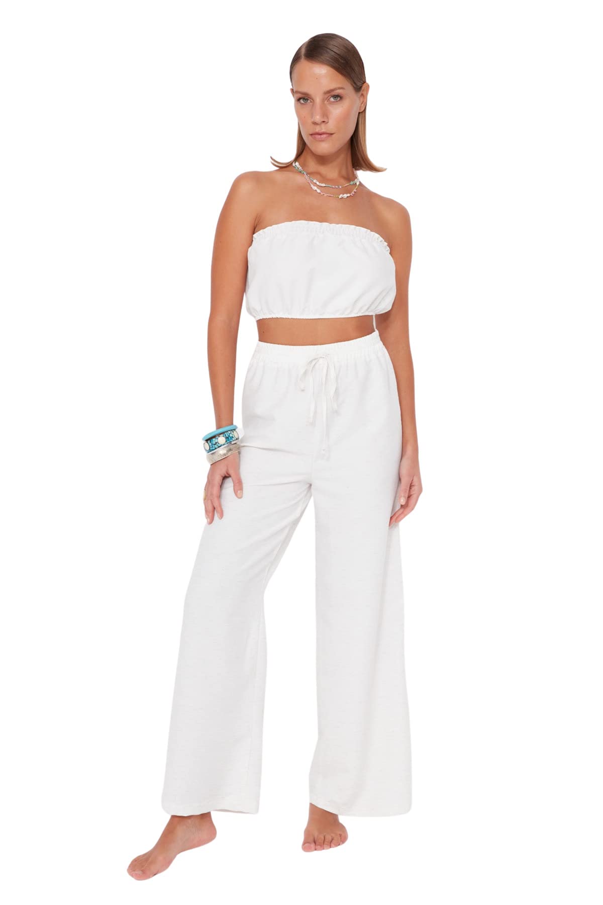 Trendyol Women's Plain Woven Two-Piece Set, White, 40, 60% Viscose 40% Polyester