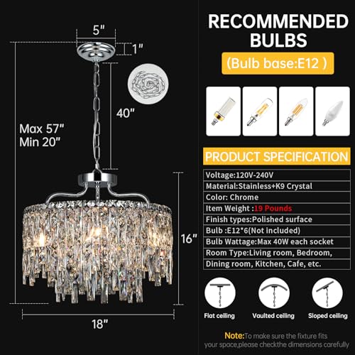 Image of 18 inch 6-Light Modern Round Crystal Chandeliers for Dining Room,Chrome