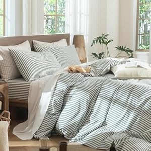 Lanqinglv beddengoed 200x200 katoen gestreept groen wit, 100% renforcé katoen beddengoed set met ritssluiting, OEKO-TEX beddengoed geschikt voor allergieën, 1 dekbedovertrek & 2 kussensloop 80x80 cm