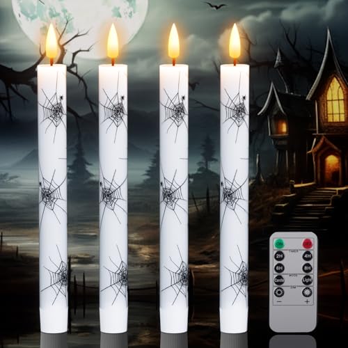 Image of Halloween Flameless Taper Candles Battery Operated with Remote and Timer, Real Wax 3D Wick Flickering LED Taper Candle Spider Web Decals Dinner Table Halloween Decor(4 Pack, 0.78 inchD x 9.64 inchH)