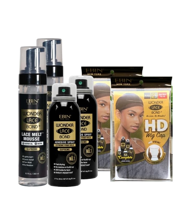 2X Wonder Lace Melt Mousse Bundle with 2X Wonder Bond Wig Adhesive Spray - Supreme & 2xWonder Lace Bond HD Caps by EBIN NEW YORK – Secure Melt & Precision Wig Application – Gift Set (6 Items)