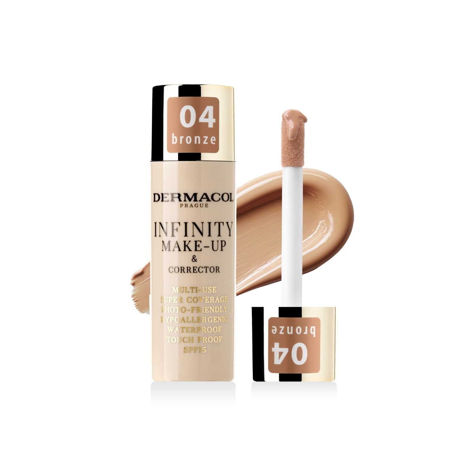 Dermacol Infinity make-up and corrector, Multi-use, Super coverage, Photo-friendly,Hypoallergenic,Waterproof, Touc proof, SPF 15, 04, Bronze