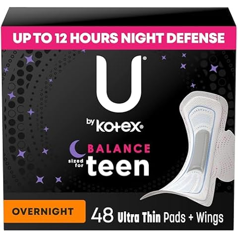 U by Kotex Balance Sized for Teens Ultra Thin Overnight Pads with Wings, 48 Count (4 Packs of 12) (Packaging May Vary) Cover