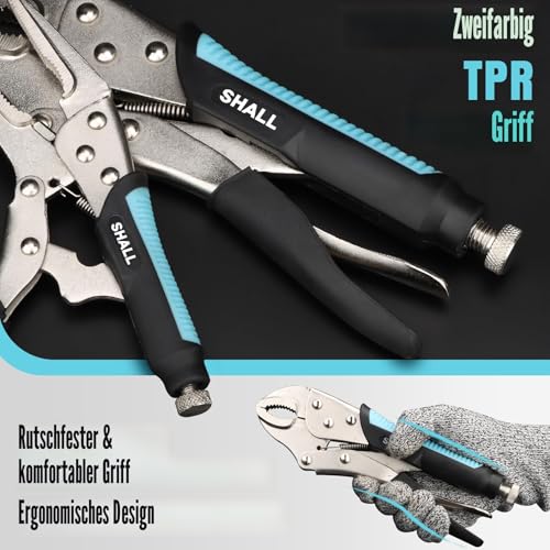 SHALL 6-teilige Gripzangen-Set: Schraubstockzangen, Gebogene Backen, Nase, Locking-C-Klemme, Zweifarbiger TPR-Griff, Rolltasche Enthalten