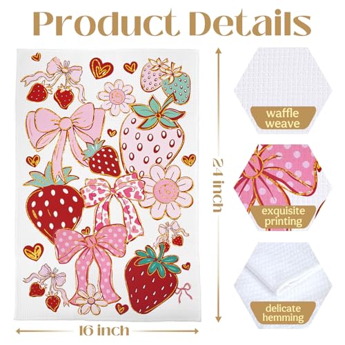 Image of Coquette Strawberry Kitchen Towels, Cute Girly Strawberry Hand Towels for Bathroom Decor, Preppy Pink Bow Fruit Strawberries Dish Tea Towels for Kitchen, 16x24 Inch
