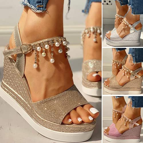 Zbyy Women's Wedge Platform Sandal,Summer Dressy With Pearl Open Toe Platform Sandals Ankle Strap High Heels Sandals #TOP3