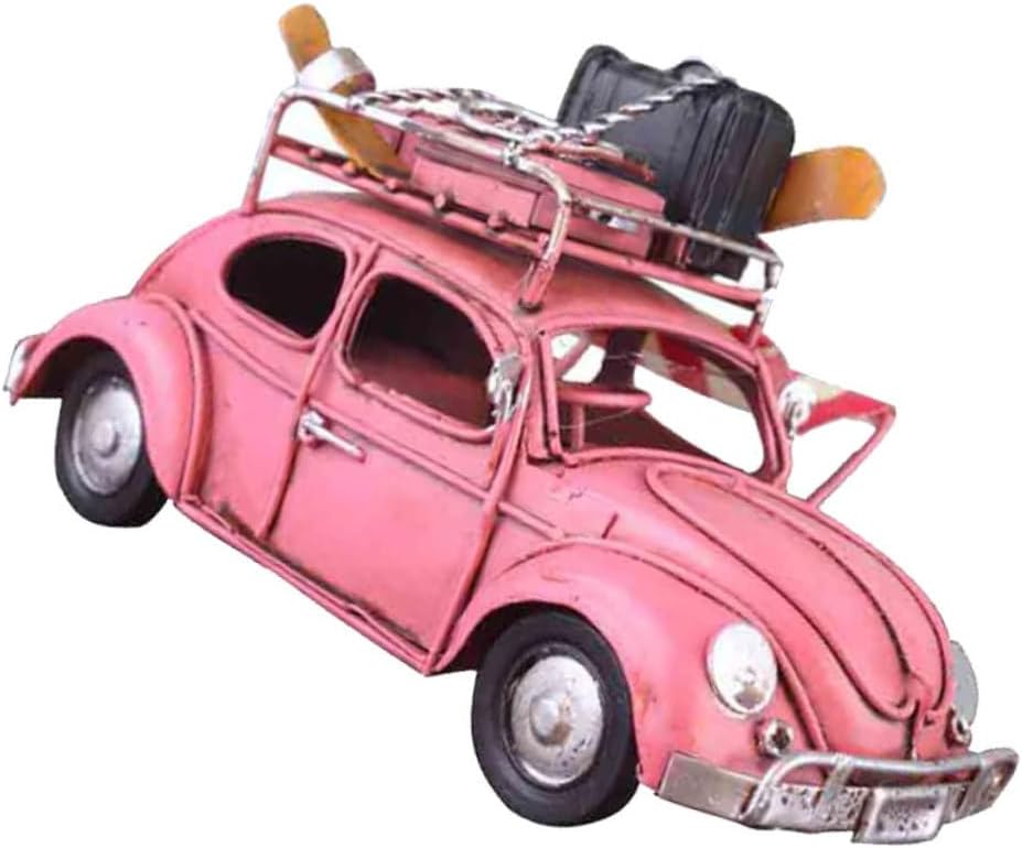 Vintage Beetle Car Model Decorative Desktop Ornament Iron Construction Classic Pink Color for Home Decor