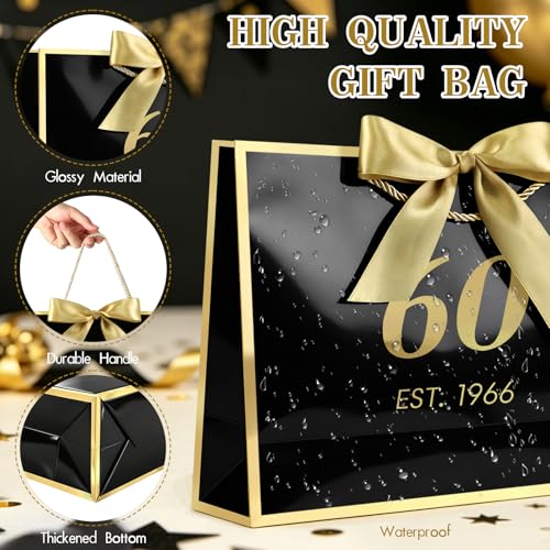 Image of JMANNI 60th Birthday Gift Bag with Card and Tissue Paper for Men Women Him, 14.2 inch Elegant Black Gold Anniversary Keepsake Party Present Shopping Paper Bags for Gifts Wrapping (EST.1966 /Black /Large)