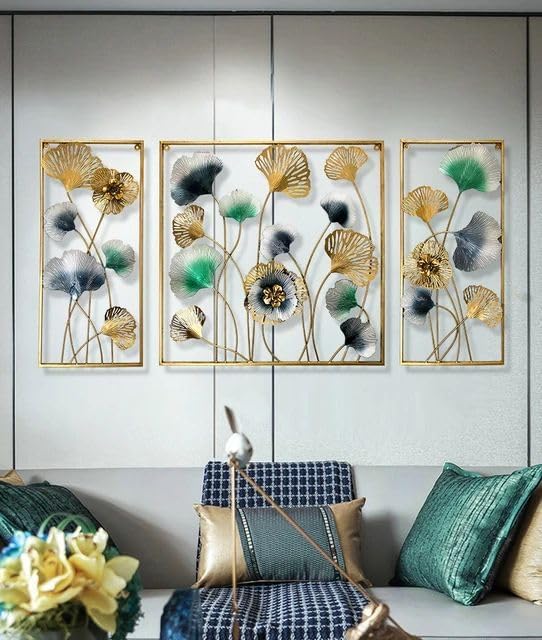 Image of ZOVE Metal Wall Art Set of 3 - Flower & Leaf Design | Home, Hotel, Restaurant, Living Room Decor | Handcrafted Decorative Panels (Size: 60 x 30 Inch, Multicolor)