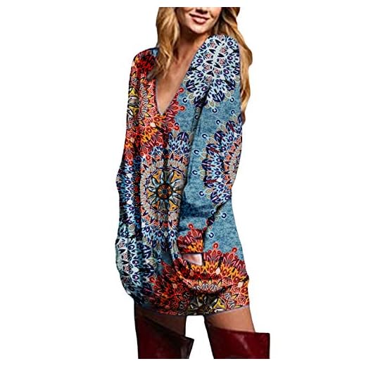 ZANZEA Dam Lös Topp Sexig V-ringad Tröja Långärmade Blommatryck Pullover Sweatshirt Lång Enfärgad Tunika Toppar Casual T-shirt 02-blommig1 L
