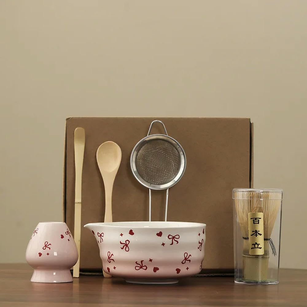 (6 sztuk)/zestaw do herbaty japońska ceramiczna matcha z kokardą w kształcie misia miska do matcha łyżka narzędzia do parzenia herbaty trzepaczka akcesoria do matcha