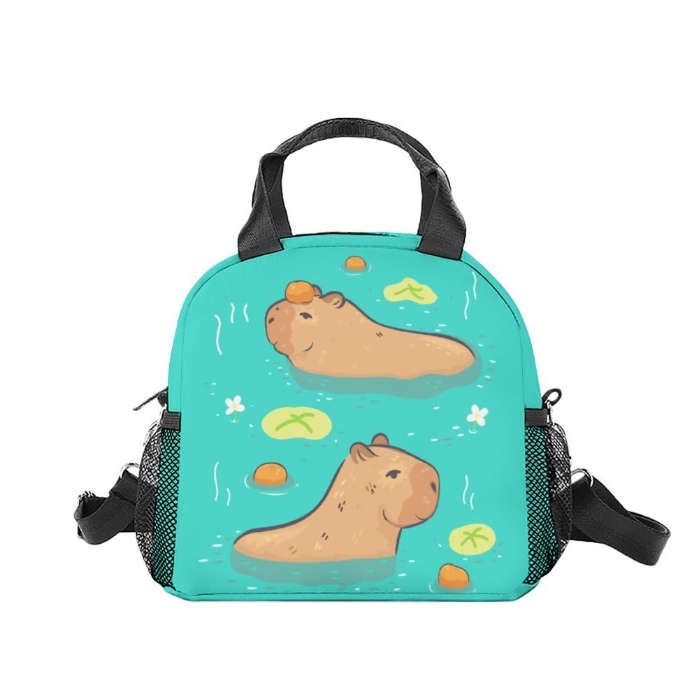 GIHSWECapybara Lunch Bag for Girls Boys - Reusable Insulated Lunch Bags with Shoulder Strap - Small Green Cute Lunchbox for Kids - Ideal for School Picnic Travel, Outdoors