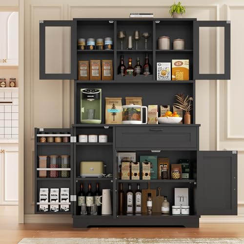 Image of Vongrasig Tall Pantry Cabinet, Kitchen Storage Cabinet with Display Door,Farmhouse Kitchen Hutch with Adjustable Shelves for Dining Room, Black