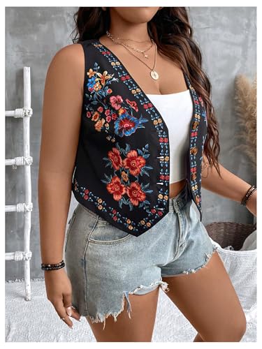 OYOANGLE Women's Plus Size Floral Embroidered Open Front Vintage Vest Sleeveless V Neck Cardigan Waistcoat4