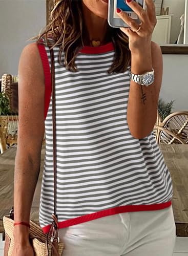 Image of Dokotoo Womens Summer Tops 2026 Casual Striped Color Block High Neck Tank Top Loose Knit High Low Sleeveless Shirts Blouses