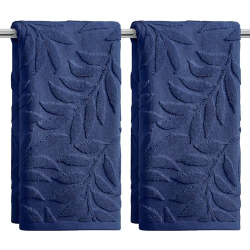 Artoid Mode 2 Pcs Navy Blue 3D Leaves Jacquard Hand Towels for Bathroom 100% Cotton Soft Absorbent Bathroom Decor Towels 13.7 x 29.5 Inch