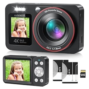 Digital Camera,FHD 4K 64MP Camera with Dual Screens 64GB SD Card 2 Batteries,Digital Point and Shoot Camera,18X Zoom,Anti Shake Portable Rechargeable Selfie Camera for Teens Boys Girls Kids,Black