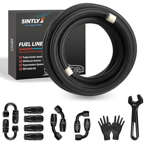SINTLY 6AN 16FT PTFE Fuel Line Hose Kit 5/16 Inch AN6 E85 Nylon Braided Fuel Line with 10PCS PTFE Fuel Hose Fitting Adapter Kit Black Cover