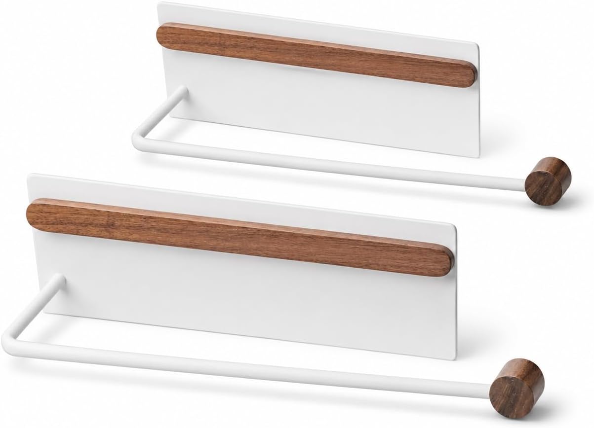 Magnetic Paper Towel Holder for Fridge, 2 Pack – Strong Full Magnet Backing, Heavy Duty Wood & Metal Paper Towel Holder for Refrigerator, Grill & Toolbox, Fits Standard & Jumbo Rolls