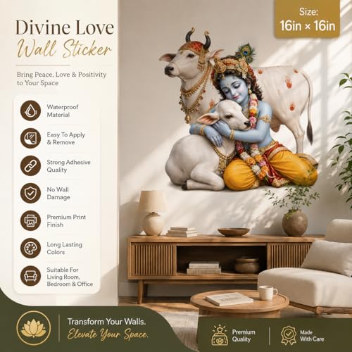 Image of Rangoli Krishna Cow Wall Sticker Self-Adhesive 16 x 16 Inch Waterproof Wall Decor for Living Room Bedroom Office Divine Love Krishna Wall Decal