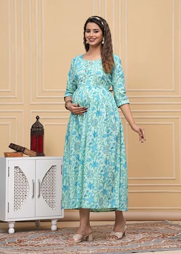 Image of JAIPURFAME Stylish Women's Pure Cotton All Over Printed Kurti Gown, Maternity Dress, and Feeding Dress - Comfortable and Elegant Maternity Wear for Women Aqua