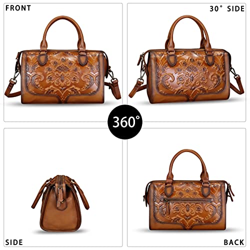 Image of Genuine Leather Satchel for Women Embossed Leather Handbag Top Handle Bags Handmade Purse Crossbody Handbags Tote Bag (Brown)