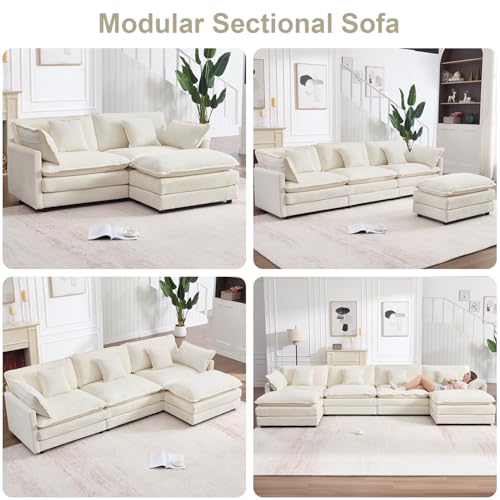70" Modular Sectional Sofa, Modern L Shaped Sectionals Cloud Couch, Comfy Love seat with Ottoman Set, 3 Seater Chenille Sectional Sofa with Deep Seat and 4 Pillows for Small Spaces- Beige - Image 4