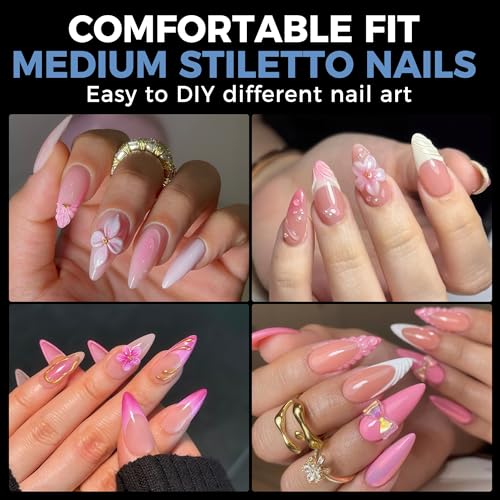 Image of UNA GELLA Medium Stiletto Gel Nail Tips Full Cover 216Pcs Almond Shape Nails Tips Stiletto Pre etched Soft Gel Nails Clear Fake False Nail Tip For Home Art Salon 12 Sizes