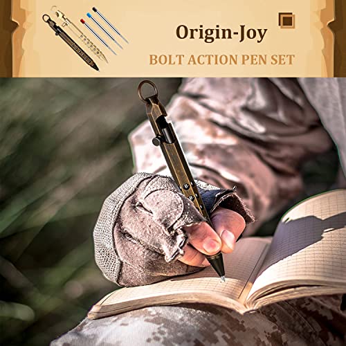 Origin-Joy 2 Pack Bolt Action Pen Set, Six Edge Solid Brass Edc Pocket Tactical Pen With 20 Ballpoint Refills (Natural Brass & Retro Black) #TOP4