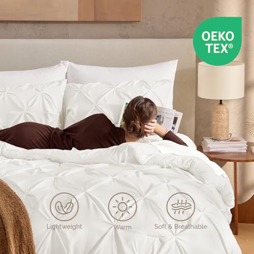 Image of Andency Oversized Queen Pinch Pleat Comforter Set (98 inchx98 inch),3 Piece Lightweight Pintuck Bedding Comforters & Sets, Fluffy Down Alternative Comforter with 2 Pillow Shams for All Season,Ivory