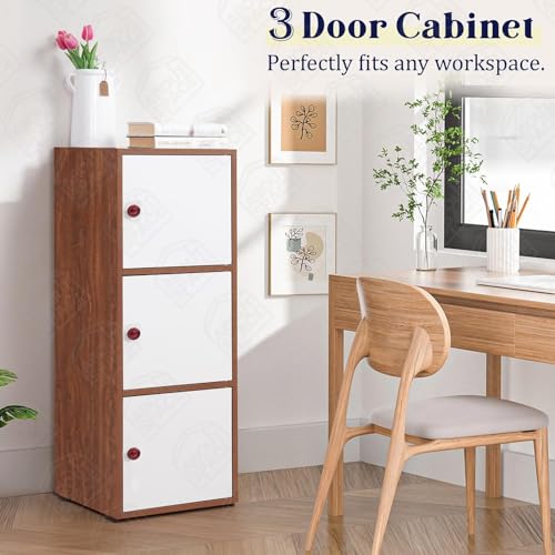 Image of ABOUT SPACE Wooden Book Rack - 3 Tier Storage Cabinet for Living Room with Magnetic Door, Space Saving Book Self for Home, Engineered Wood Cabinet (Oak Red - L 38 x B 38.5 x H 100.5 cm)